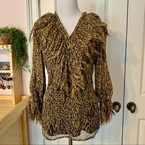 100% Silk Animal Print Ruffled Blouse